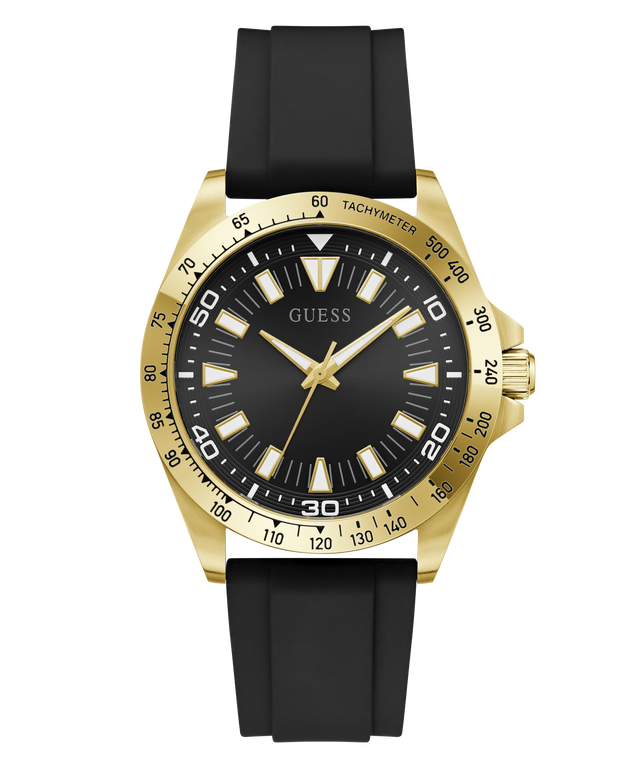 Black and gold watch with a black strap on a white background
