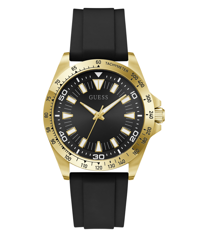 Black and gold watch with a black strap on a white background