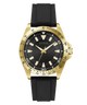 Black and gold watch with a black strap on a white background