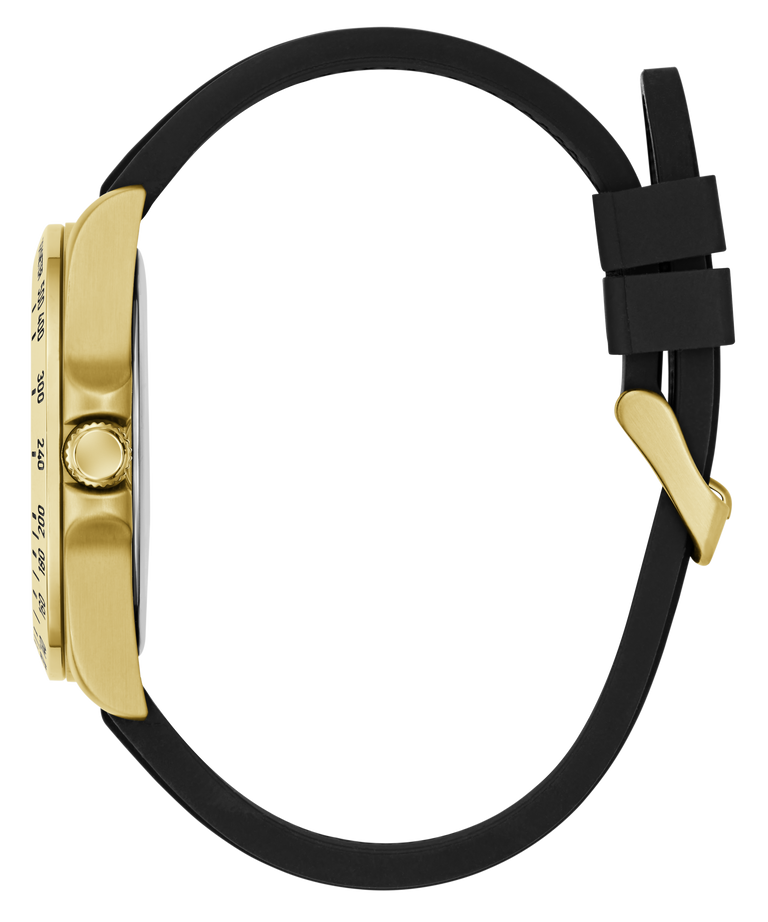 Gold watch with black strap on a white background