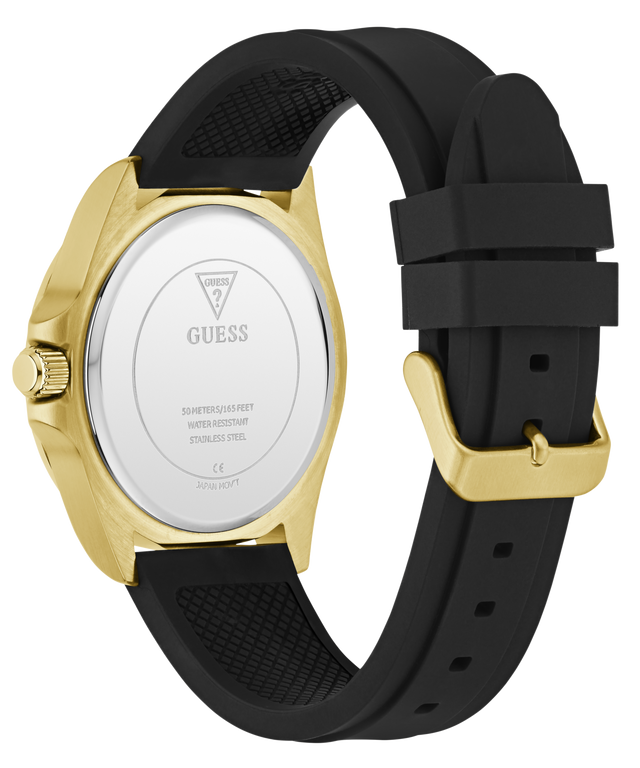 Guess watch with black strap and gold case on a white background