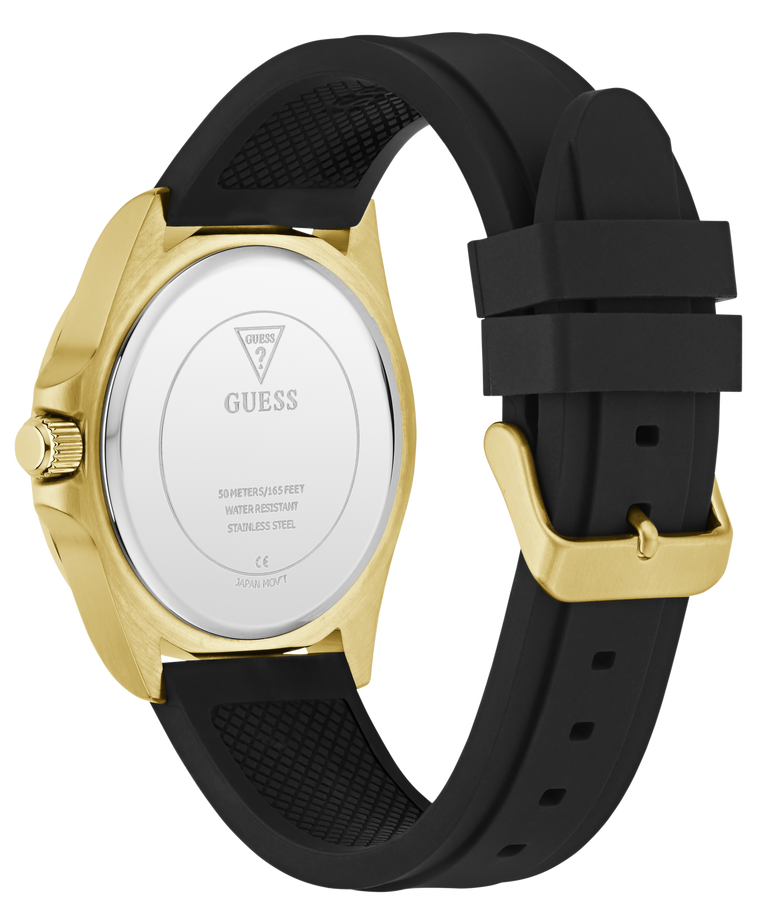 Guess watch with black strap and gold case on a white background