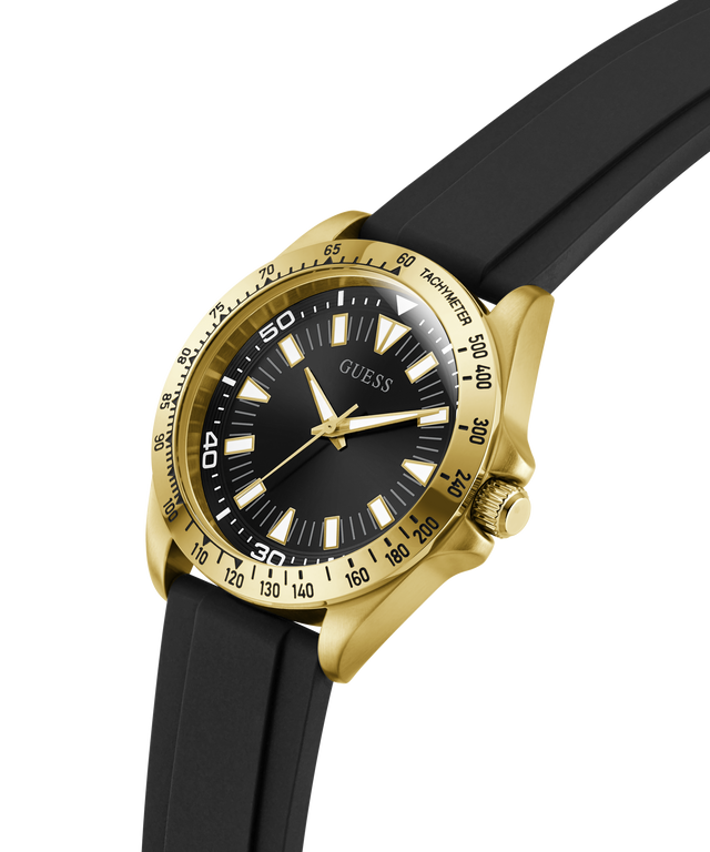 Gold and black watch with a black strap on a white background lifestyle