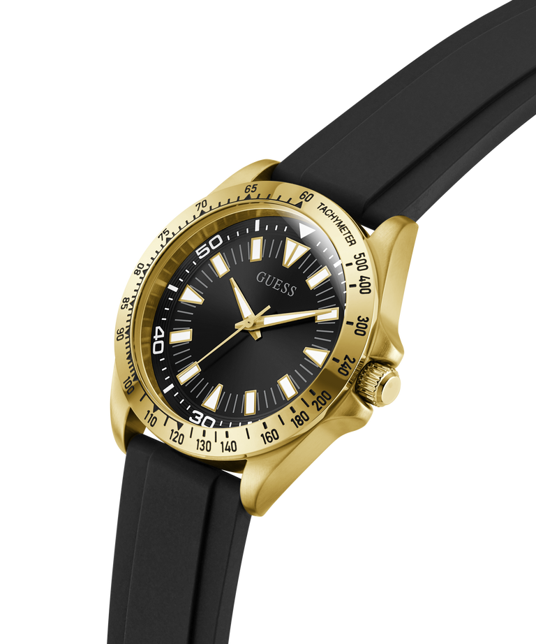 Gold and black watch with a black strap on a white background lifestyle