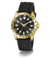 Black and gold watch with a black strap on a white background
