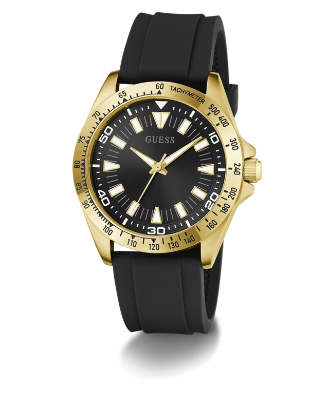 Black and gold watch with a black strap on a white background