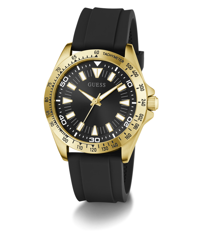 Black and gold watch with a black strap on a white background