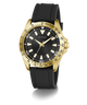 Black and gold watch with a black strap on a white background
