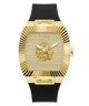 Gold GUESS Mens Black Gold Tone Analog Watch with black strap featuring Guess logo on a white background