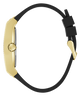 Black GUESS Mens Black Gold Tone Analog Watch strap with gold clasp on a white background