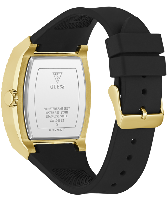 Black and gold GUESS Mens Black Gold Tone Analog Watch with visible brand logo on a white background