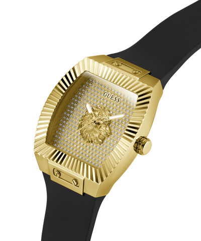 Gold GUESS Mens Black Gold Tone Analog Watch with lion emblem and black strap on white background lifestyle