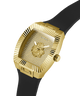 Gold GUESS Mens Black Gold Tone Analog Watch with lion emblem and black strap on white background lifestyle