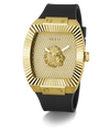Gold and black watch with Guess logo on a white background