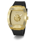Gold and black watch with Guess logo on a white background