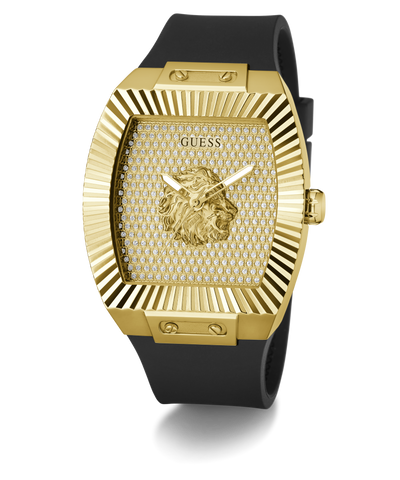 Gold and black watch with Guess logo on a white background