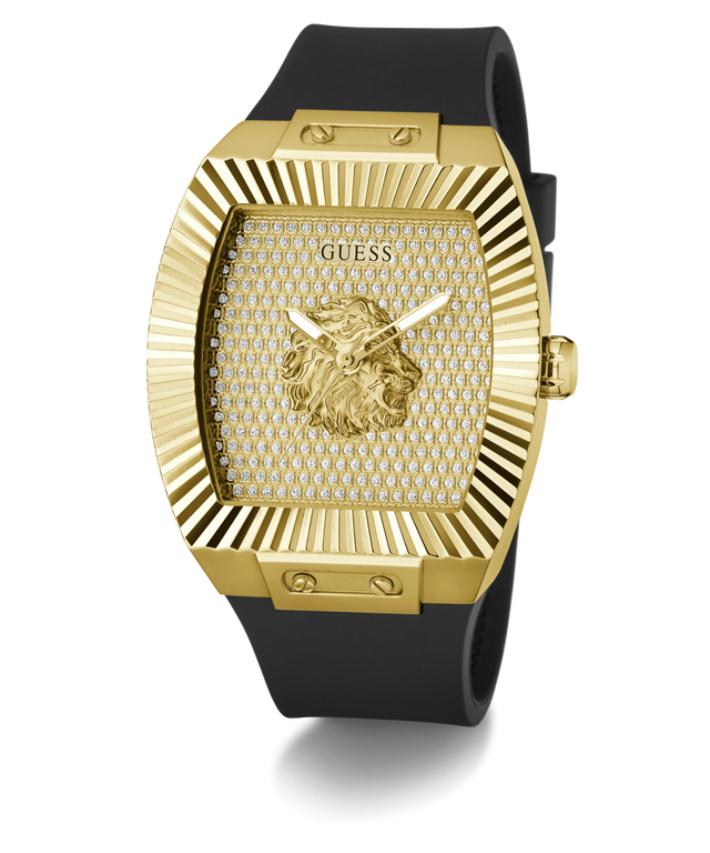 Gold and black watch with Guess logo on a white background