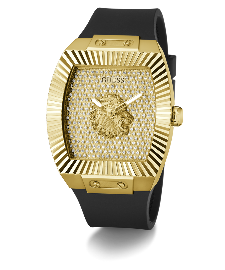 Gold and black watch with Guess logo on a white background