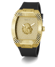 Gold and black watch with Guess logo on a white background
