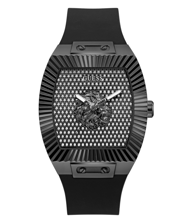 Black Guess watch with diamond-studded face on a white background