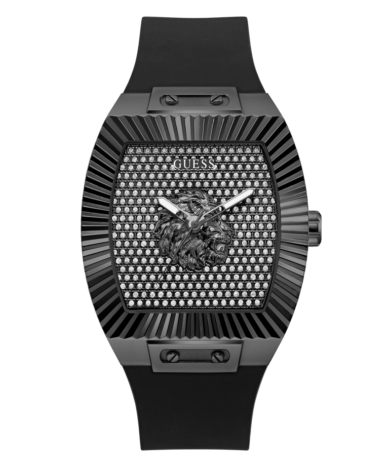 Black Guess watch with diamond-studded face on a white background