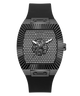 Black Guess watch with diamond-studded face on a white background