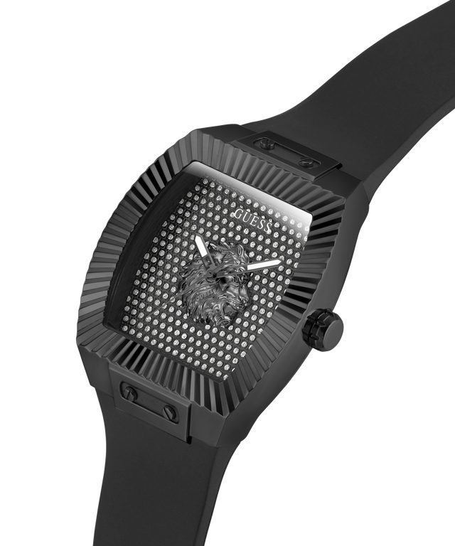 Black watch with a textured face and visible brand logo on a white background lifestyle