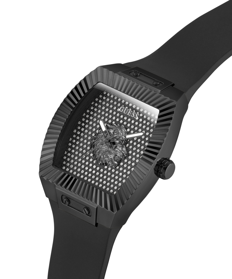 Black watch with a textured face and visible brand logo on a white background lifestyle