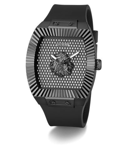 Black Guess watch with lion emblem on a white background