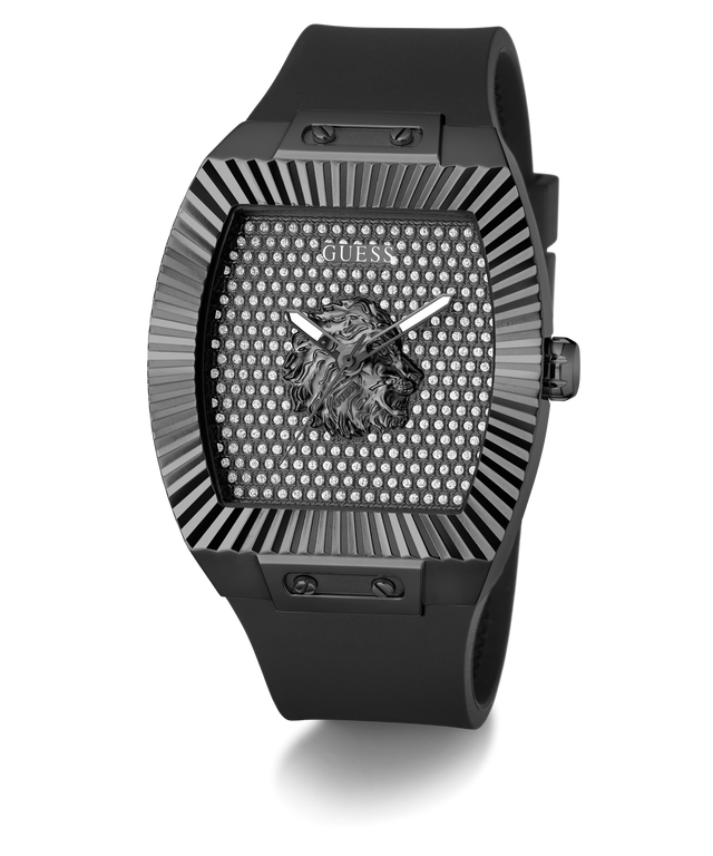 Black Guess watch with lion emblem on a white background