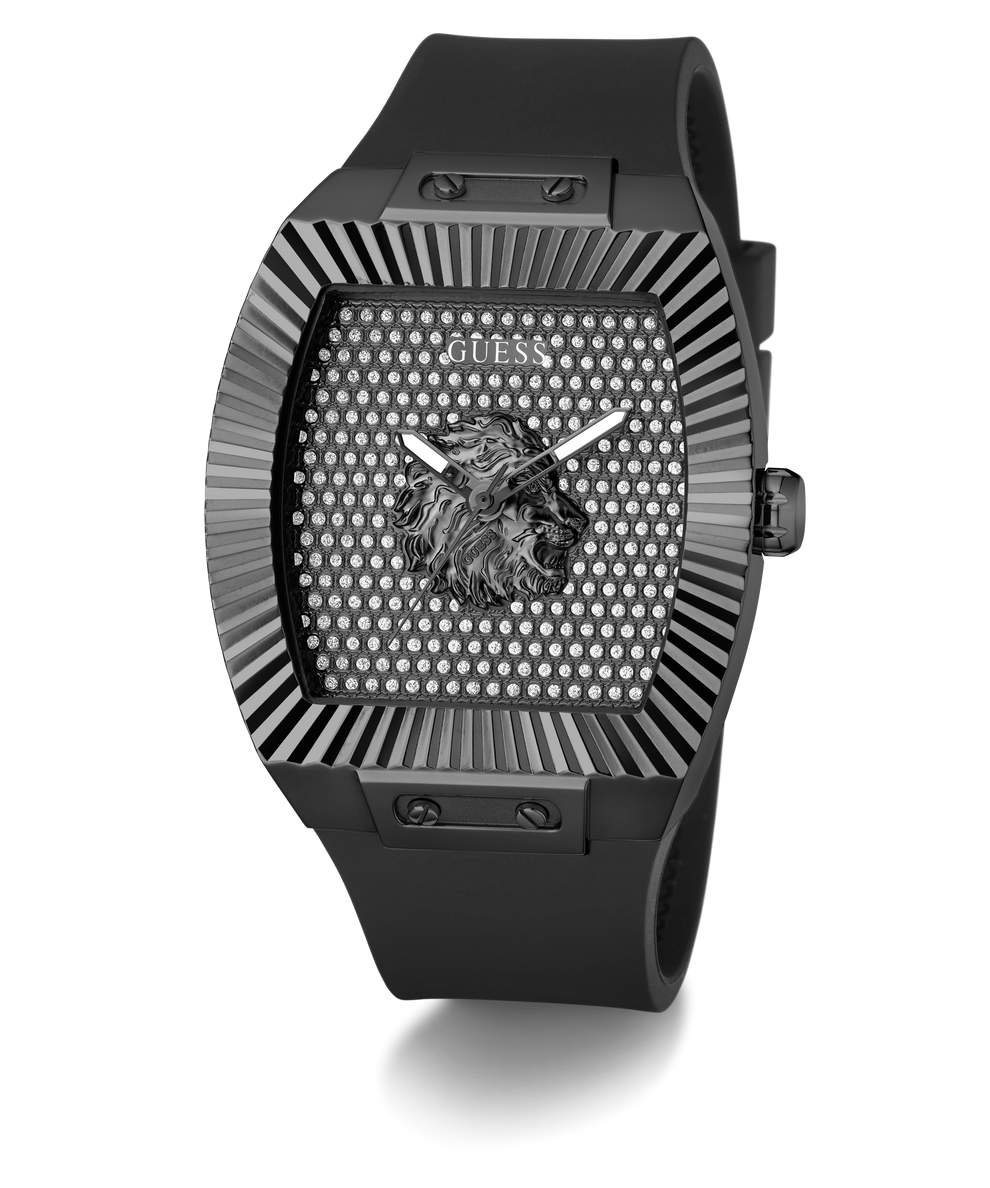 Black Guess watch with lion emblem on a white background