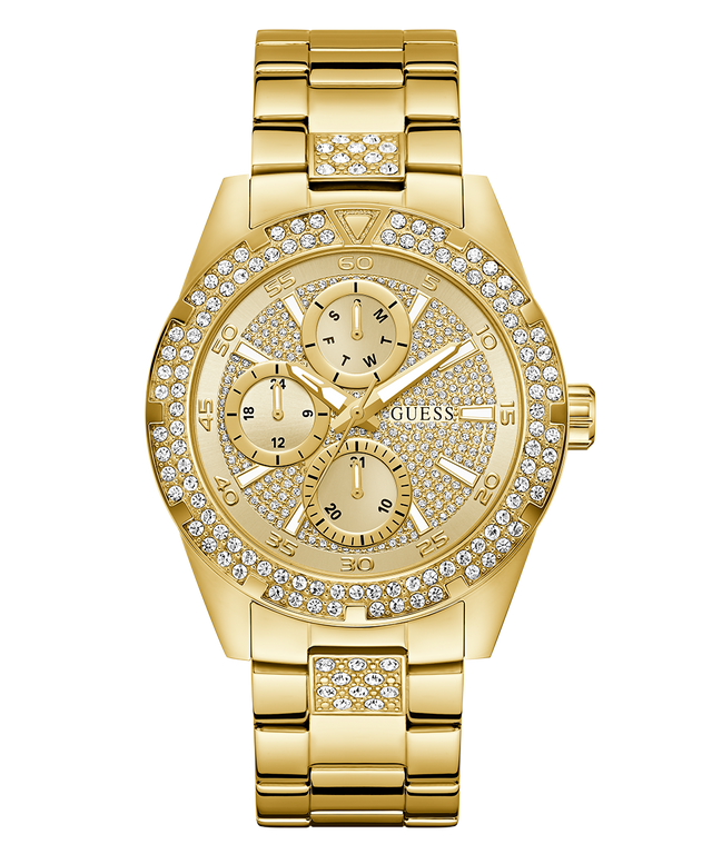 Gold watch with diamond-studded face on a white background