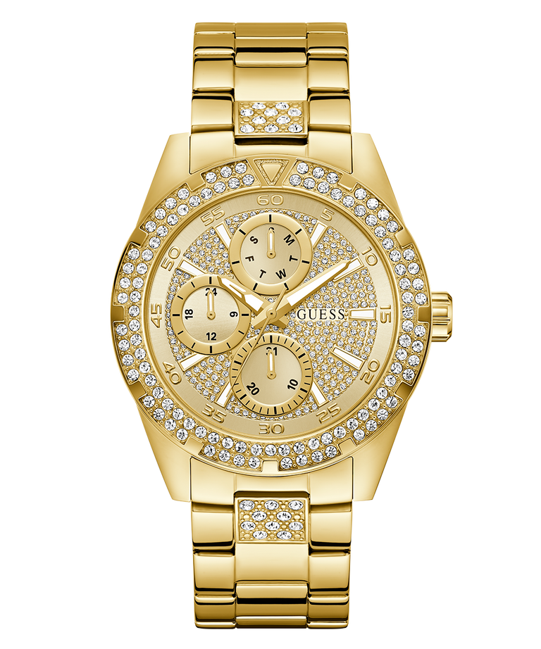 Gold watch with diamond-studded face on a white background