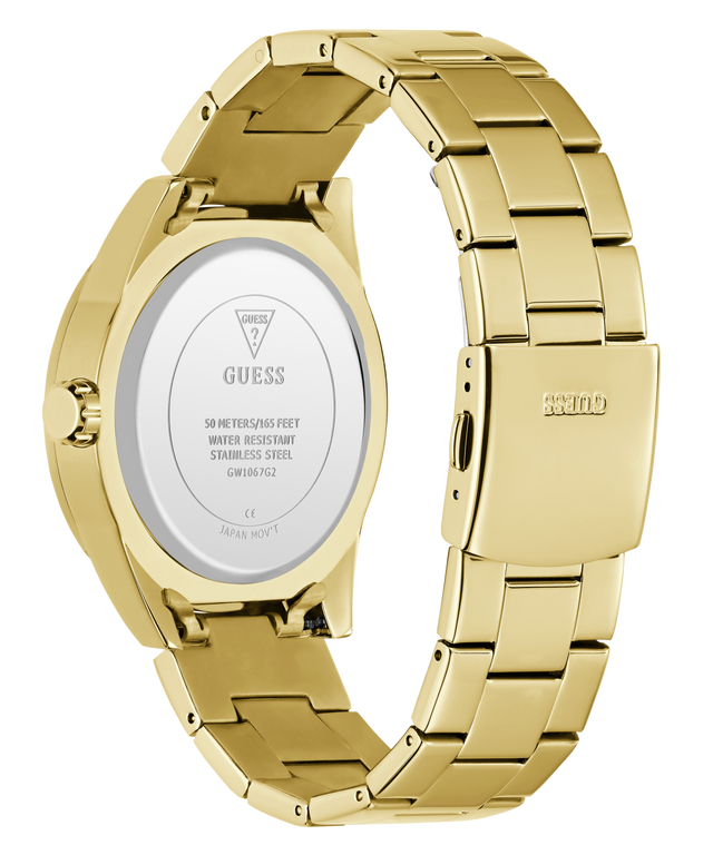Gold watch with metal band on a white background