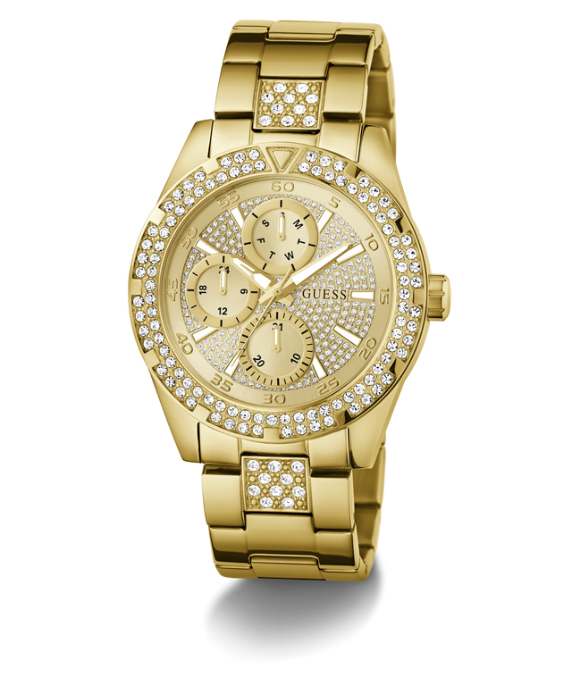 Gold watch with diamond accents on a white background