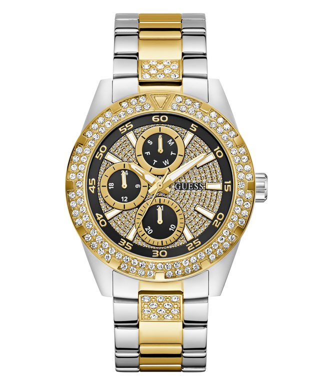 GUESS watch with gold and silver band and black dial on a white background