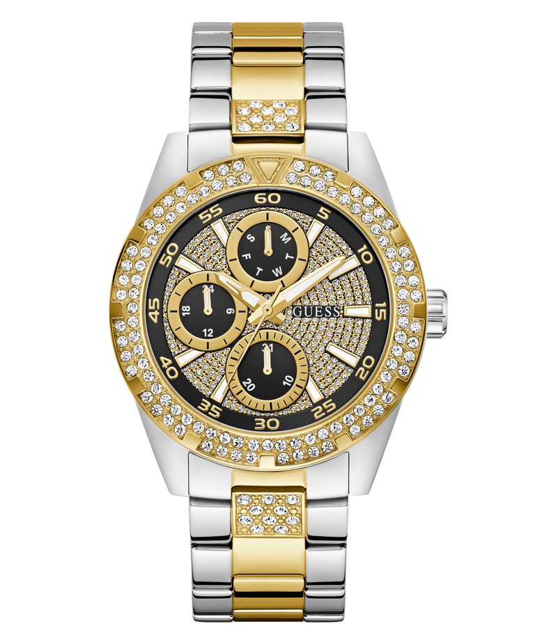 GUESS watch with gold and silver band and black dial on a white background
