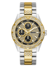 GUESS watch with gold and silver band and black dial on a white background