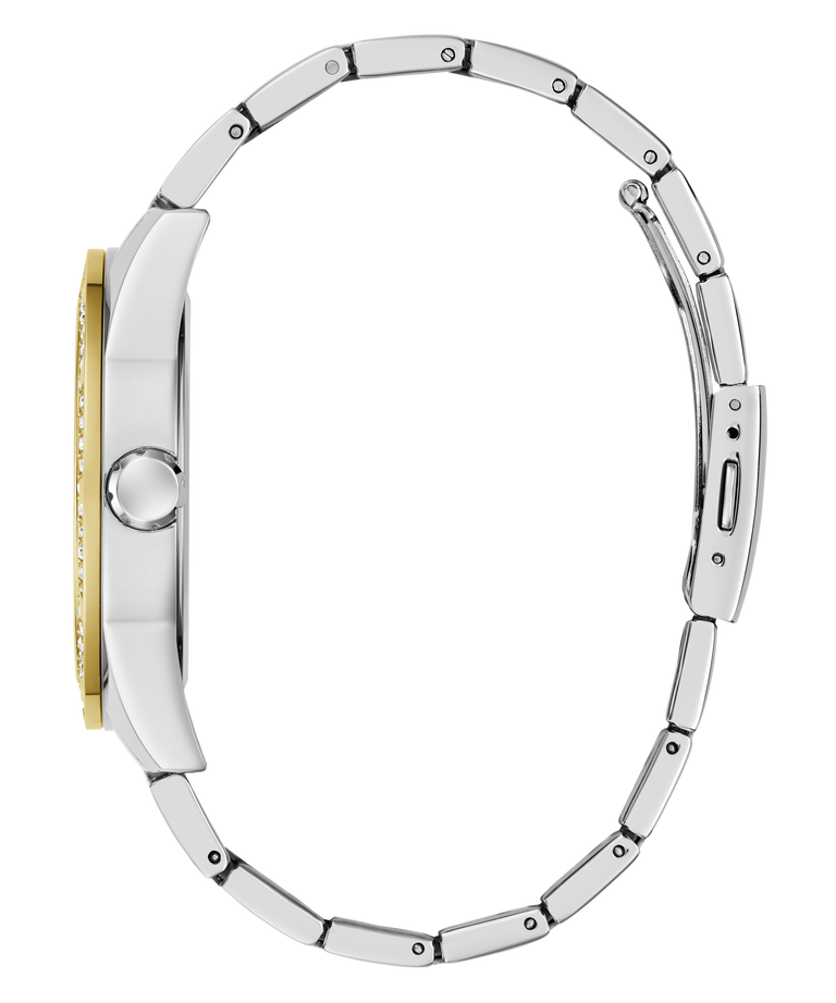Close-up of a silver watch band with gold accents on a white background