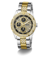 GUESS watch with gold and silver band and black dial on a white background
