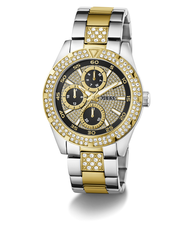 GUESS watch with gold and silver band and black dial on a white background