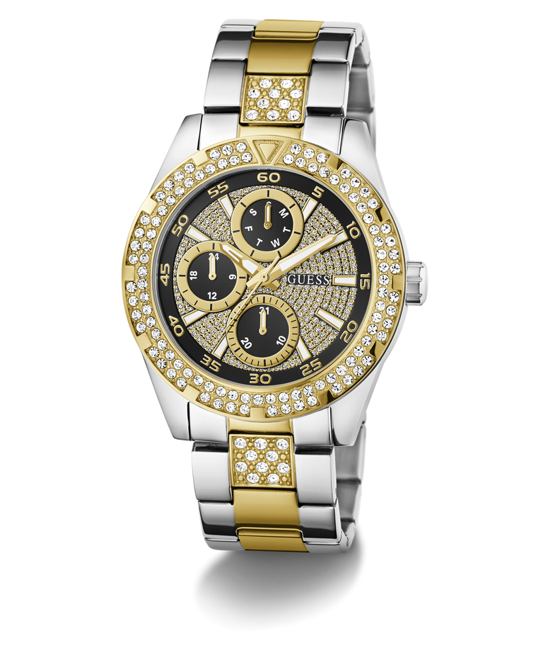 GUESS watch with gold and silver band and black dial on a white background
