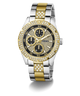 GUESS watch with gold and silver band and black dial on a white background