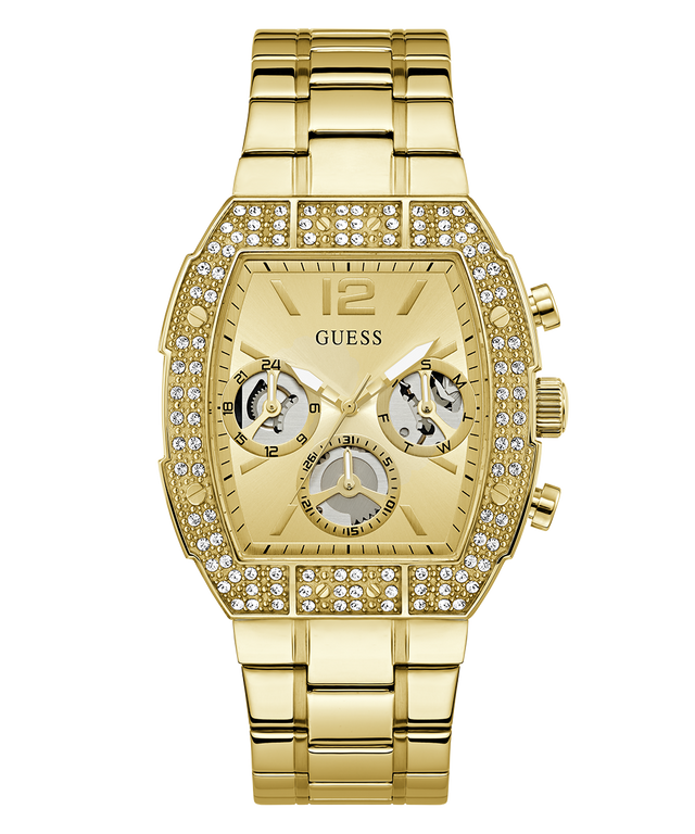 Gold GUESS Mens Gold Tone Analog Watch with diamond-studded face on a white background