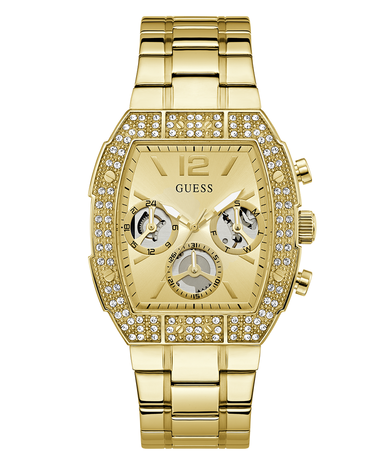 Gold GUESS Mens Gold Tone Analog Watch with diamond-studded face on a white background