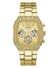 Gold GUESS Mens Gold Tone Analog Watch with diamond-studded face on a white background