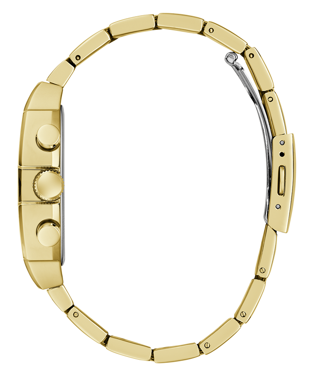 Gold GUESS Mens Gold Tone Analog Watch band on a white background