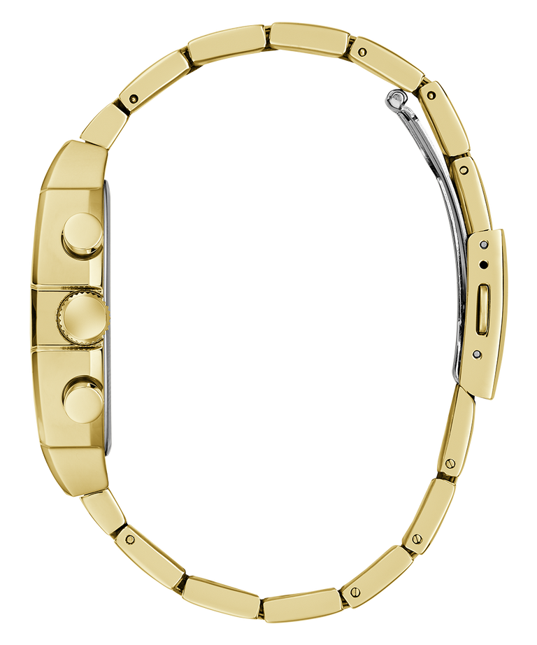 Gold GUESS Mens Gold Tone Analog Watch band on a white background