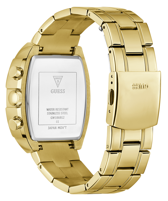 Gold GUESS Mens Gold Tone Analog Watch with a visible brand logo on a white background
