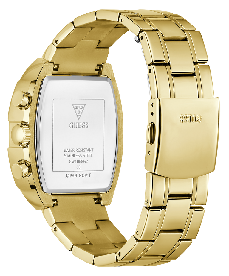 Gold GUESS Mens Gold Tone Analog Watch with a visible brand logo on a white background